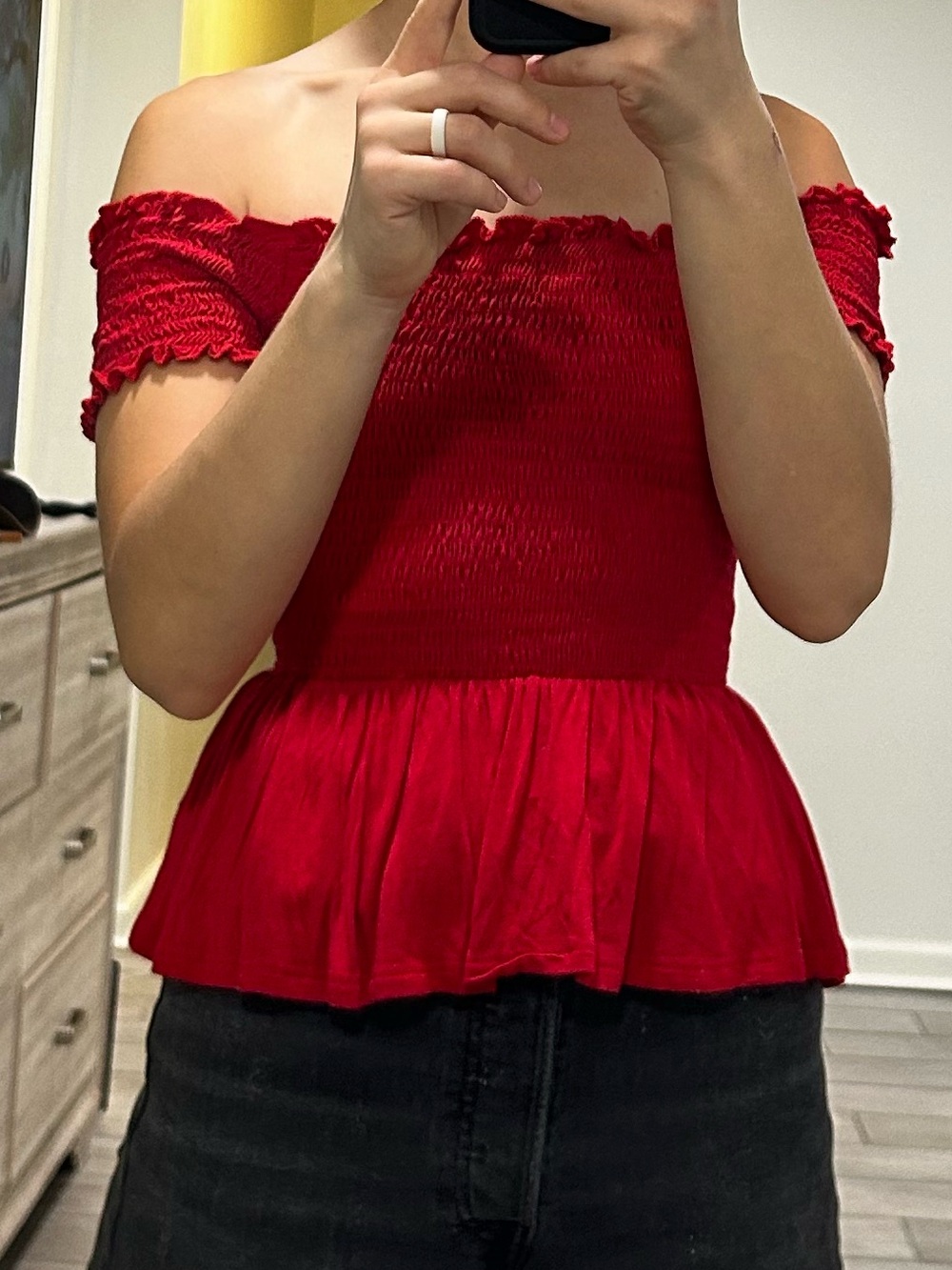 Pink Lily Off-Shoulder Smocked Red Peplum Top - Flaw